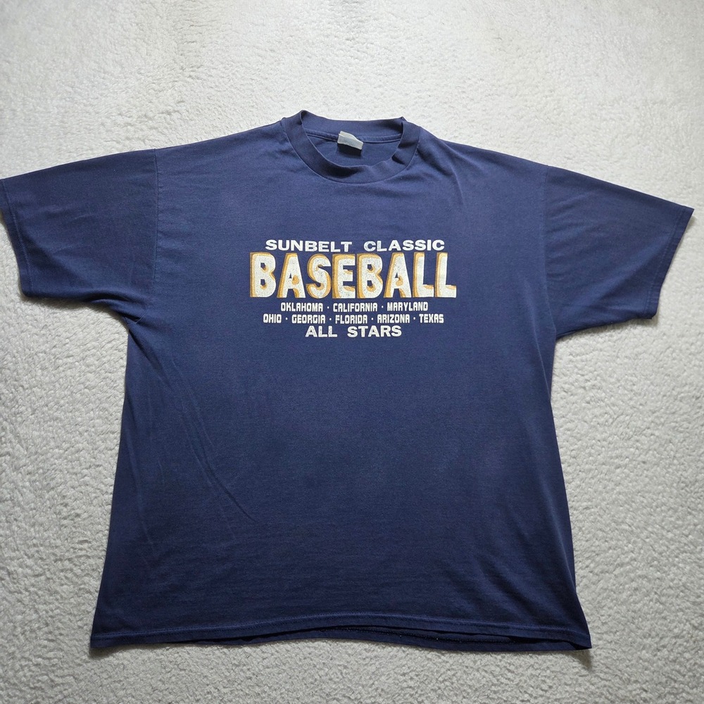 Vintage 90s Hanes T-Shirt Mens XL Blue Sunbelt Classic Baseball Graphic Tee